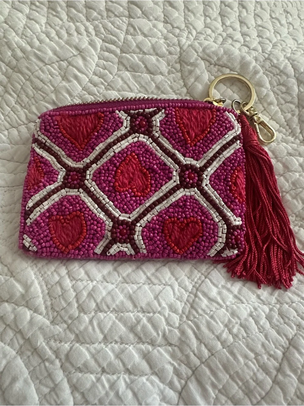 Anthropologie Pink Beaded Heart Tassel Coin Purse - Picture 1 of 3